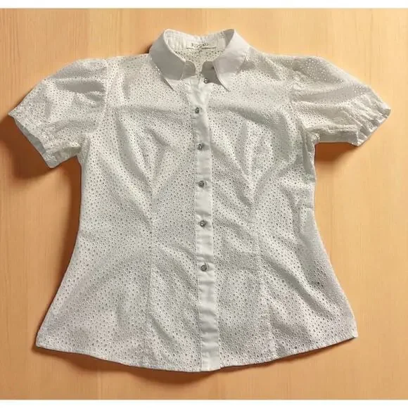 Escada white eyelet short-sleeved shirt rhinestone-embellished buttons size 38 - Picture 4 of 11